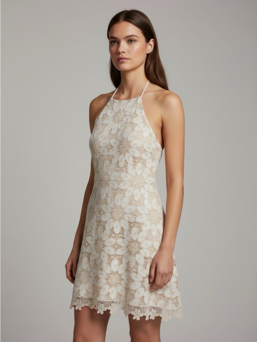 New Arose Studio Sleeveless Floral Lace Halter Dress in Cream size XL
